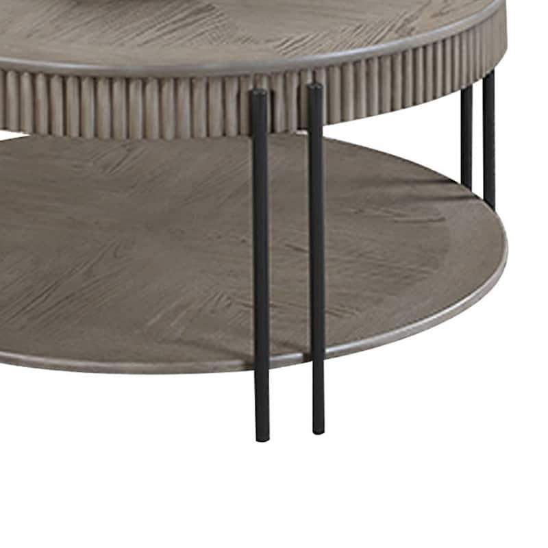 Pery Coffee Table, 38 Inch, Light Gray Round Top, Sleek Iron Legs