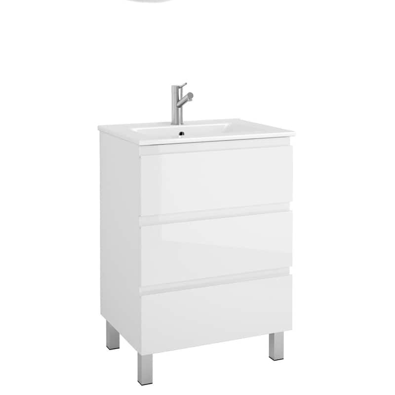 HomeRoots 24" White Wood Freestanding Bathroom Vanity With White Sink And Three Drawers - 24.00 in. x 39.06 in. x 18.10 in.