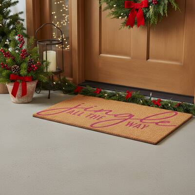 HomeRoots 24" X 36" Brown And Pink Christmas Outdoor Coir Door Mat - 24.00' X '36.00