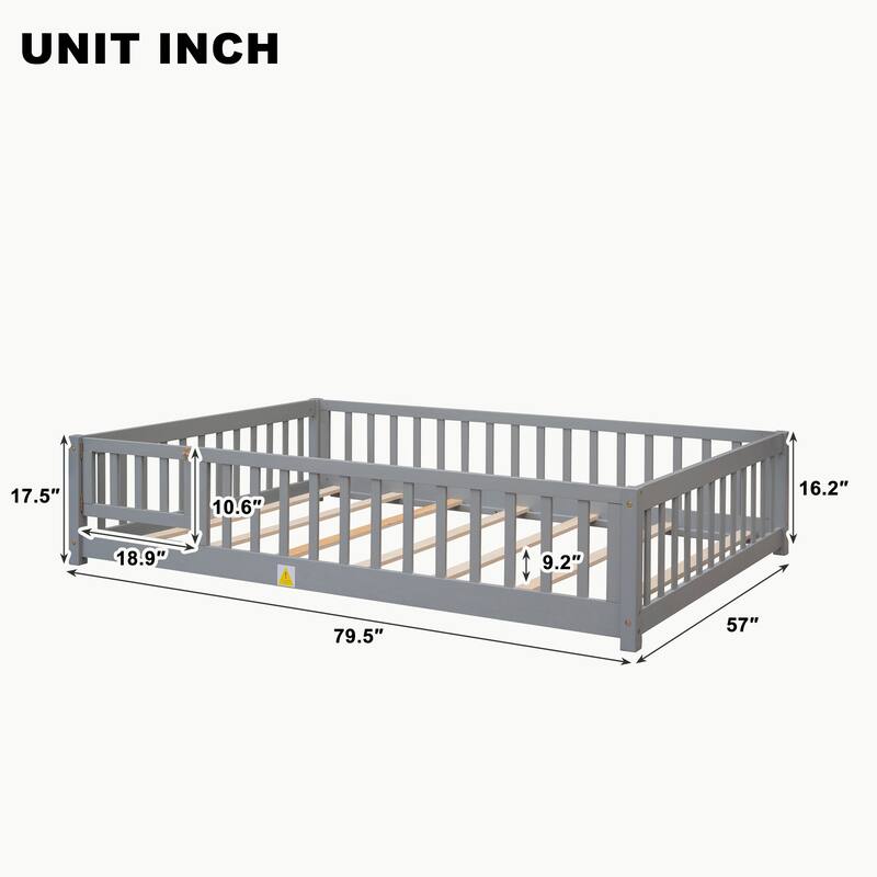 Pine Wood Floor Platform Bed with Fence and Door