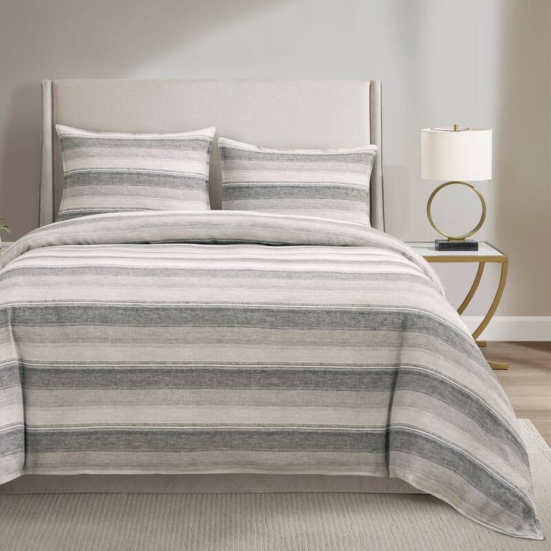 HiEnd Accents 100% French Flax Linen Variegated Stripe Duvet Cover Set, 3PC