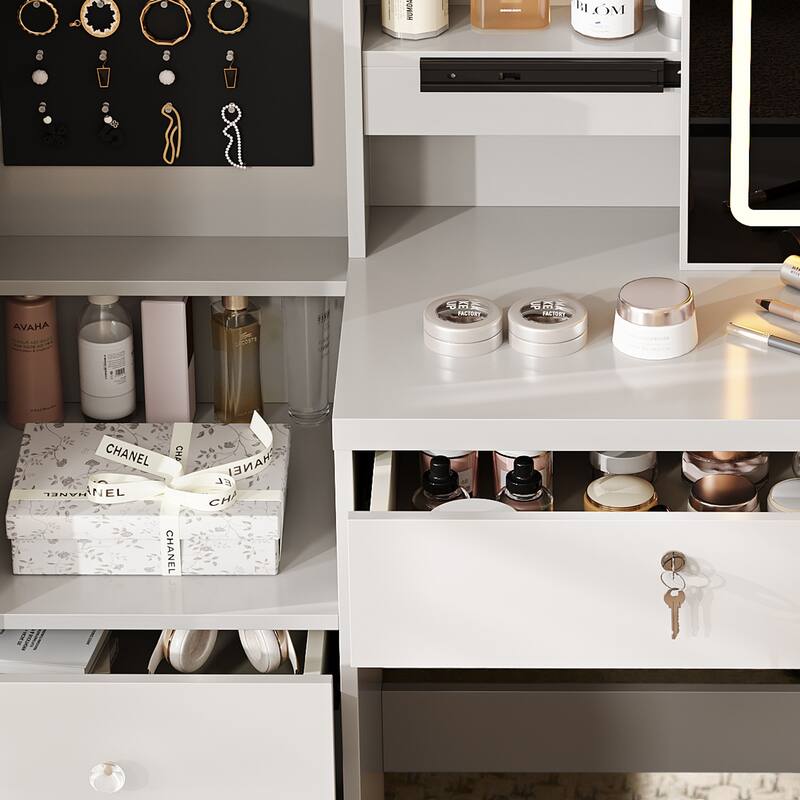 Vanity Desk with Sliding LED Mirror, Power Outlet, 4 Drawers, Hidden Storage & Stool, White Makeup Table for Bedroom