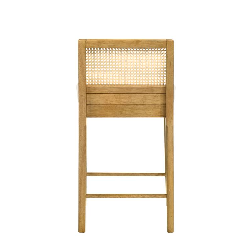 Tobias Rattan and Wood Bar Stool, Counter Height Kitchen Stool with White Boucle Fabric Upholstered Seat