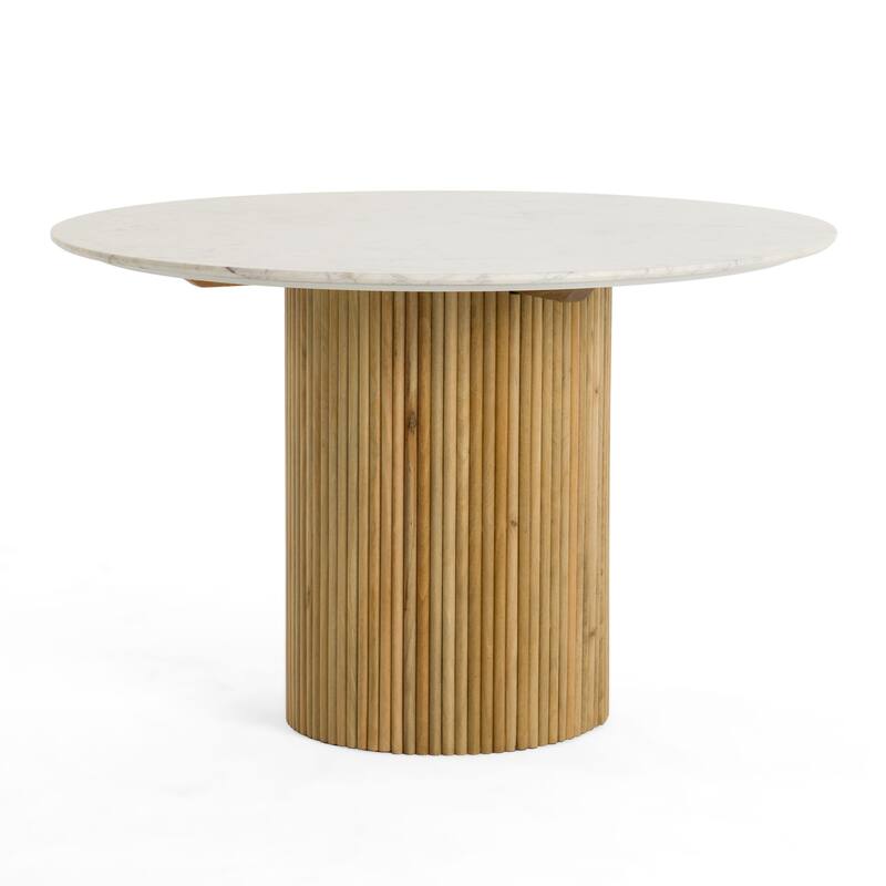 Cid Jolie Dining Table, Fluted Brown Wood, Round Carrara Marble Top, 47 Inch - Brown, White