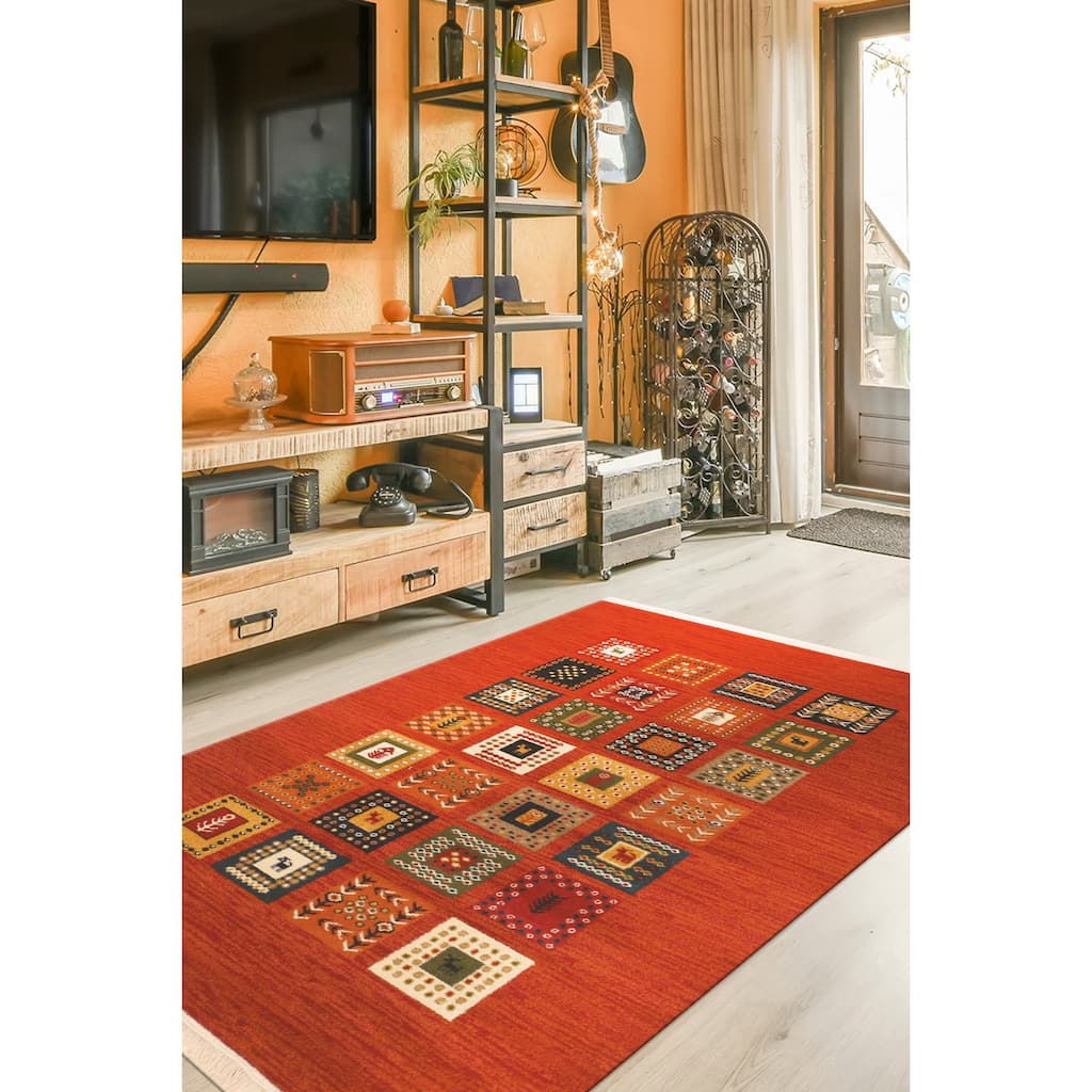 Machine-Made Wool Rust Bohemian Oriental Rug - Vibrant Style and Contemporary Craftsmanship - 5' x 7'6"