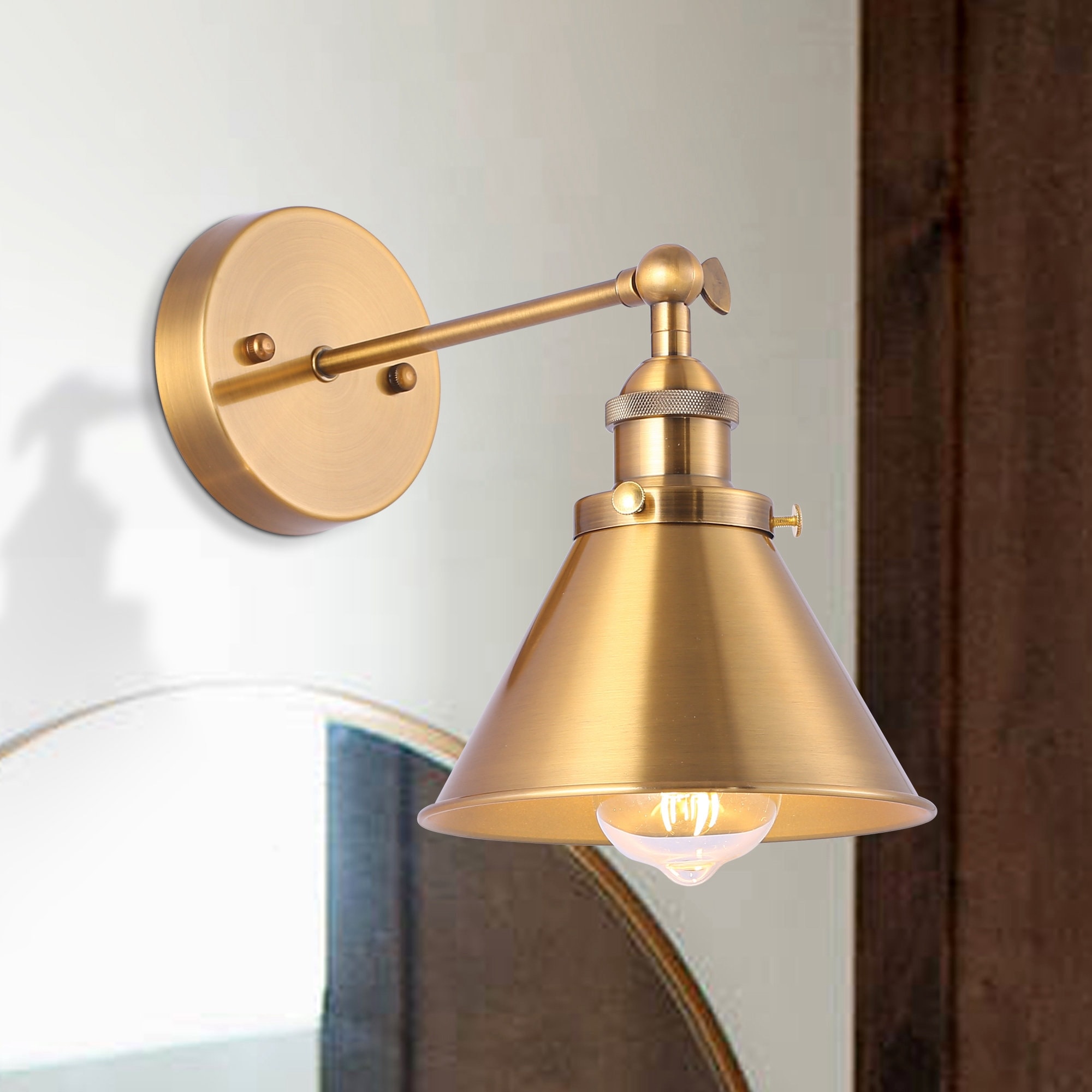 Brass Wall Sconce with Metal Cone Shade