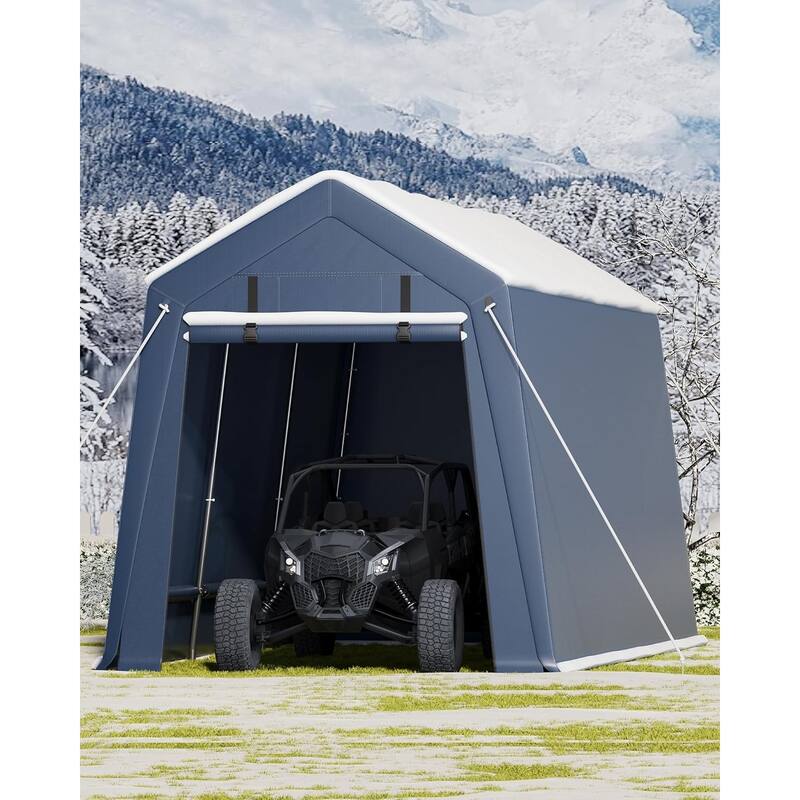 Outdoor Storage Shed, Portable Carport with Roll-Up Ventilated Zipper Door and Windows, Heavy Duty Waterproof Tarp