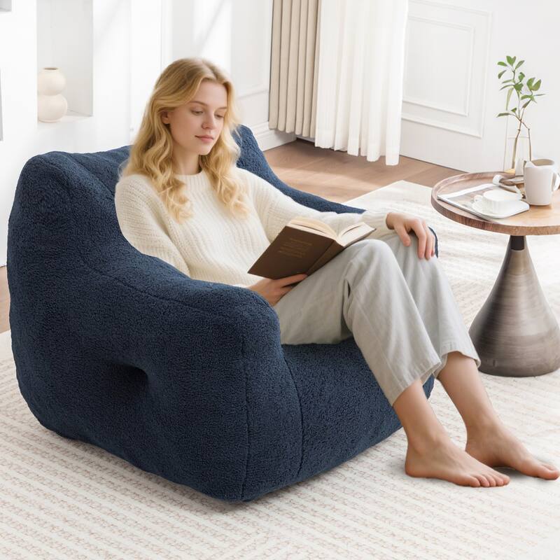 HOMEFUN Teddy Fabric Upholstered High-Density Foam Bean Bag Sofa Chair with Armrests - Dark Blue
