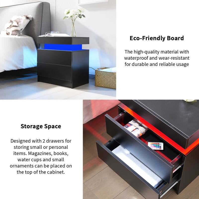 Nightstand LED Bedside Table Cabinet Lights Modern End Side with 2 Drawers for Bedroom