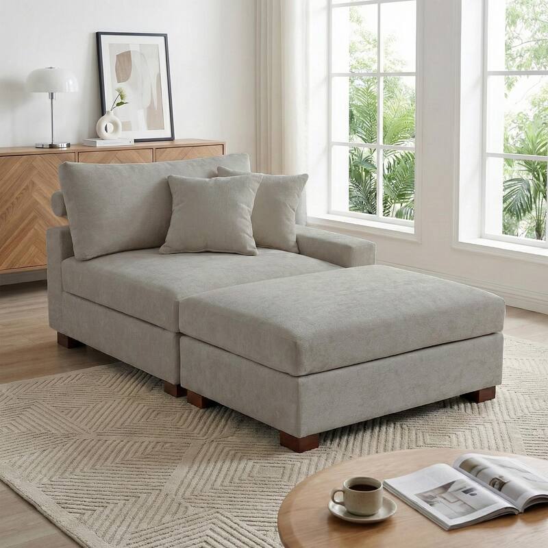 Modern Chenille Chaise Lounge Set with Ottoman - Right Facing - Grey