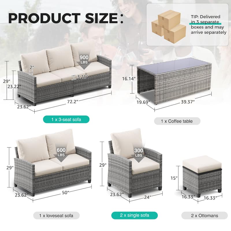 7pcs Wicker Patio Conversation Set Seating Loveseat Sofa with Ottomans