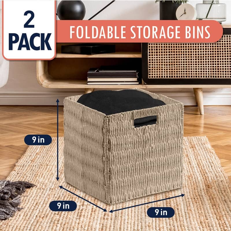 2 Pack Foldable Paper Wicker Shelf Storage Basket Cube Bin with Handles