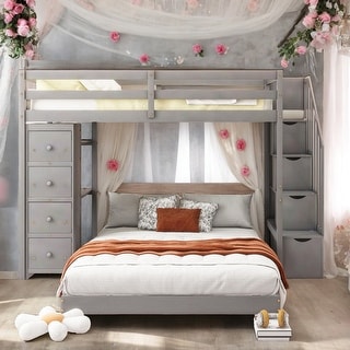 Twin Over Full Bunk Bed With Shelves,Drawers And Storage Stairs