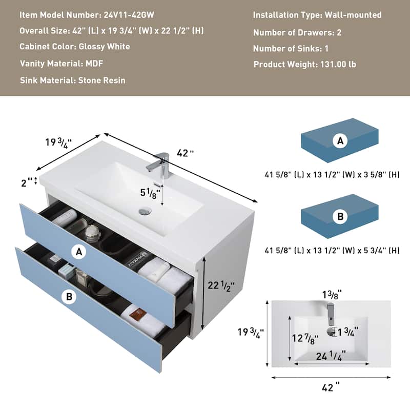 46" Modern Wall-Mounted Floating Bathroom Vanity with Sink, Drawers