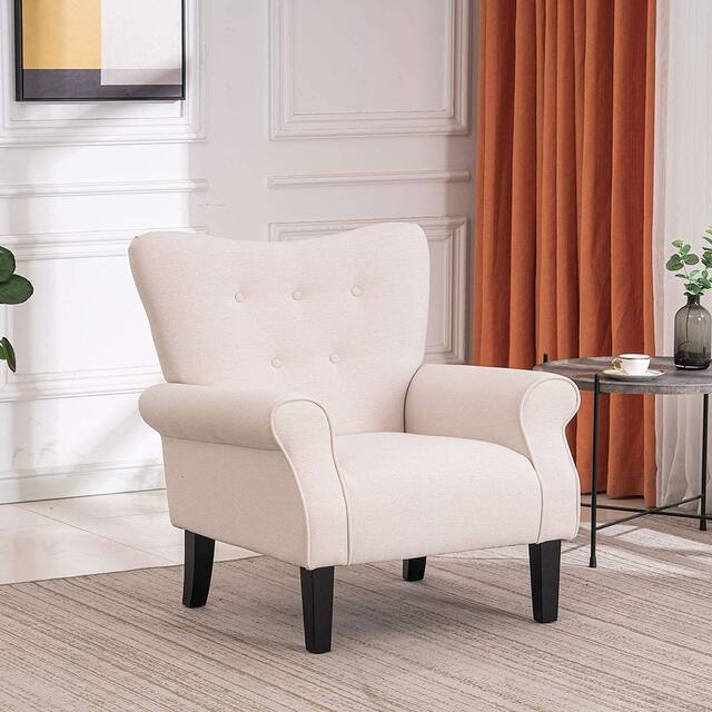 EROMMY Wing back Arm Chair, Upholstered Fabric High Back Chair with Wood Legs - Beige