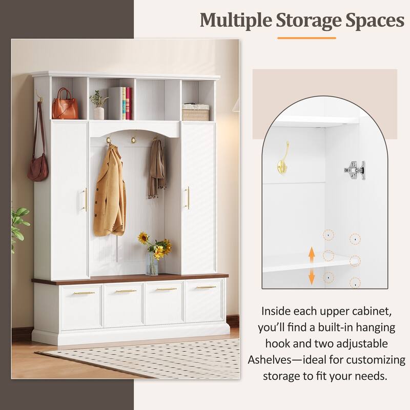 59" Farmhouse Hall Tree - 4-in-1 Entryway Bench with Golden Hooks, Adjustable Shelves & Shoe Storage