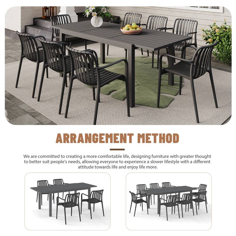 Outdoor Dining Set 9-Piece Stackable Plastic Lightweight Dining Armchair and Extendable Dining Table