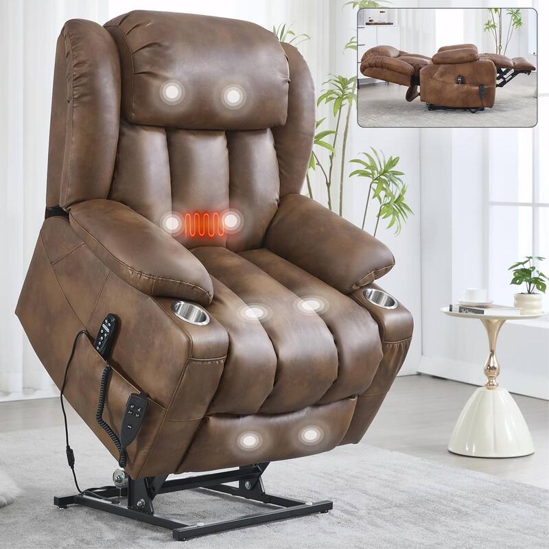 Dual Motor Infinite Position Up to 350 LBS Leatherair Power Lift Recliner Chair - Brown