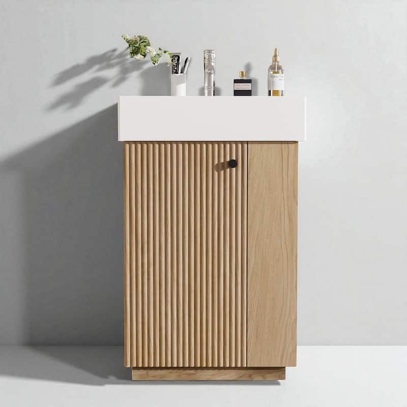 21.6" Bathroom Vanity with Ceramic Sink, Freestanding Left Door Cabinet, Open and Closed Storage for Small Spaces - Wood