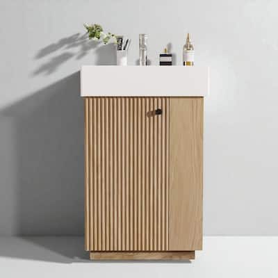 21.6" Bathroom Vanity with Ceramic Sink, Freestanding Left Door Cabinet, Open and Closed Storage for Small Spaces