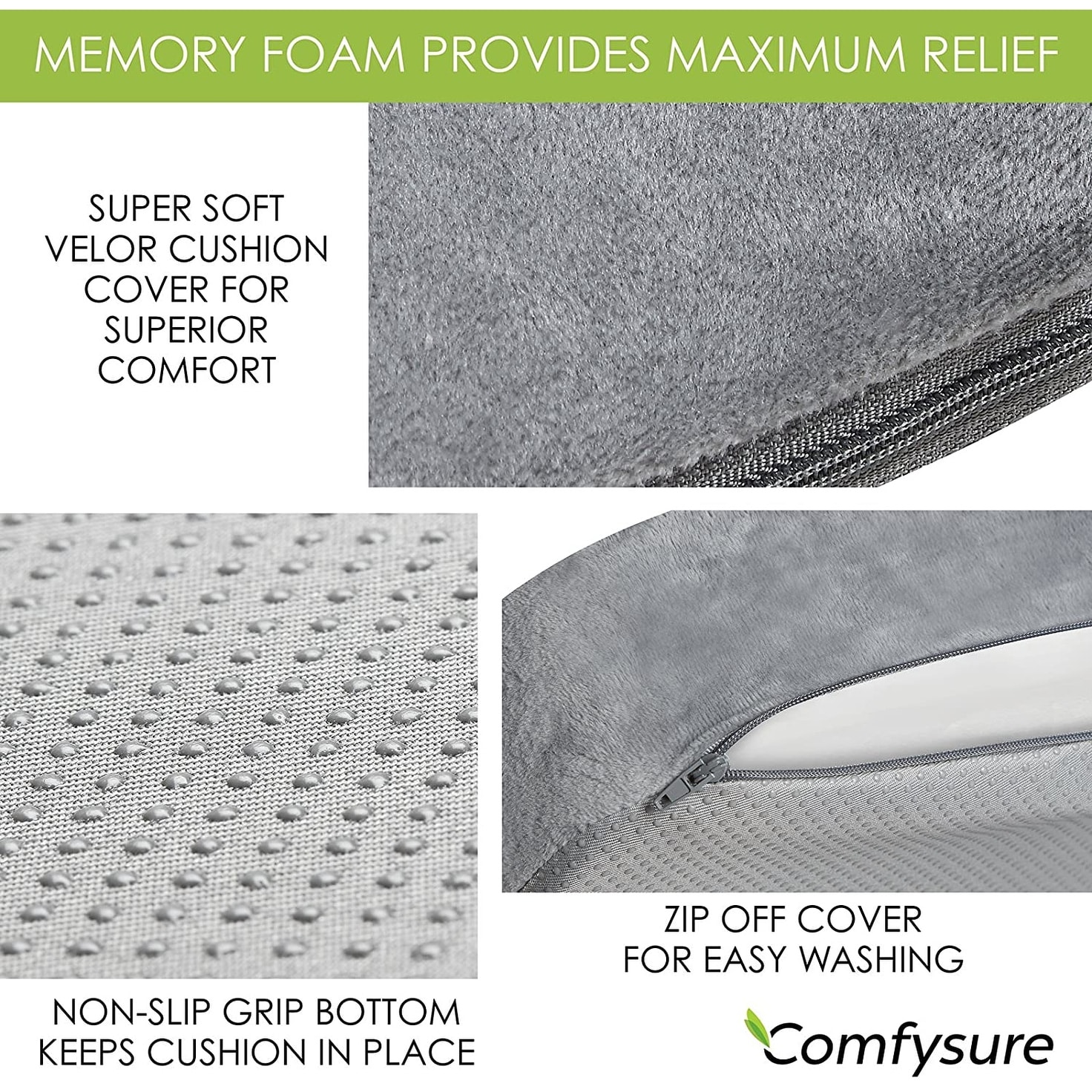 Comfysure Wedge Pillow for Office Chair Cushion and Car Seat Cushion - Medium Firm Memory Foam Seat Pad for Truck Seat, Gaming Chair - Orthopedic