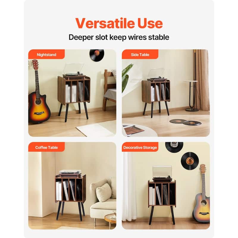 2-Tier Wood Record Player Stand Holds 100 Vinyl Albums Brown Finish - 16.54 x 13.54 x 26.38 inches