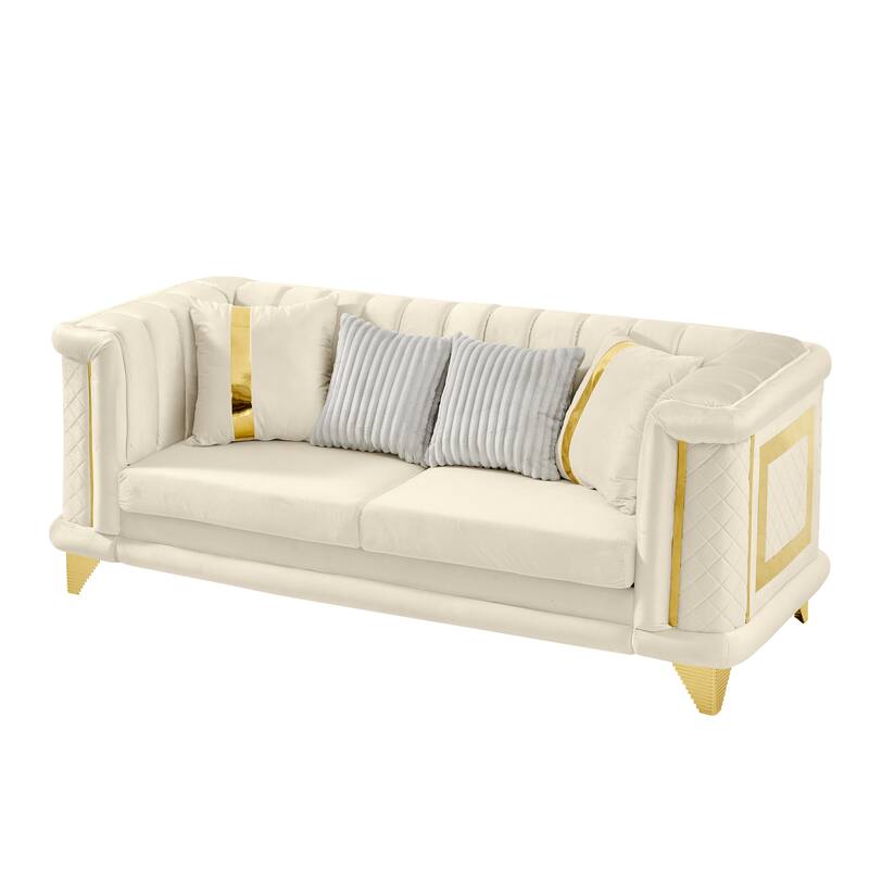 89" Velvet Luxury 3-Seater Sofa and Mid-Century Modern Tufted Couch with Gold Trims and 4 Premium Pillows