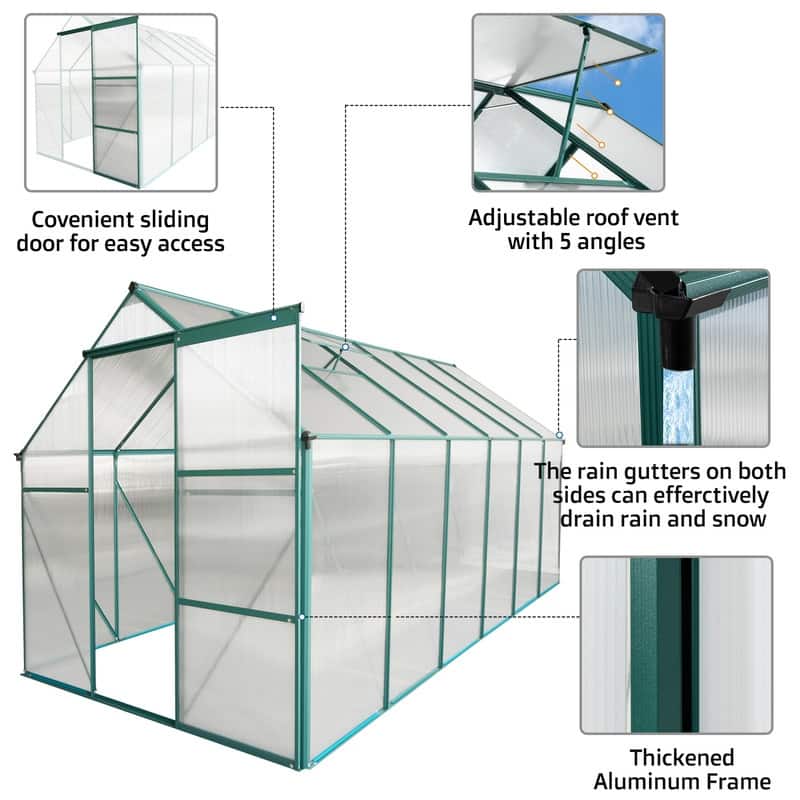 6x12 FT Heavy Duty Polycarbonate Greenhouse with Raised Base and Anchor