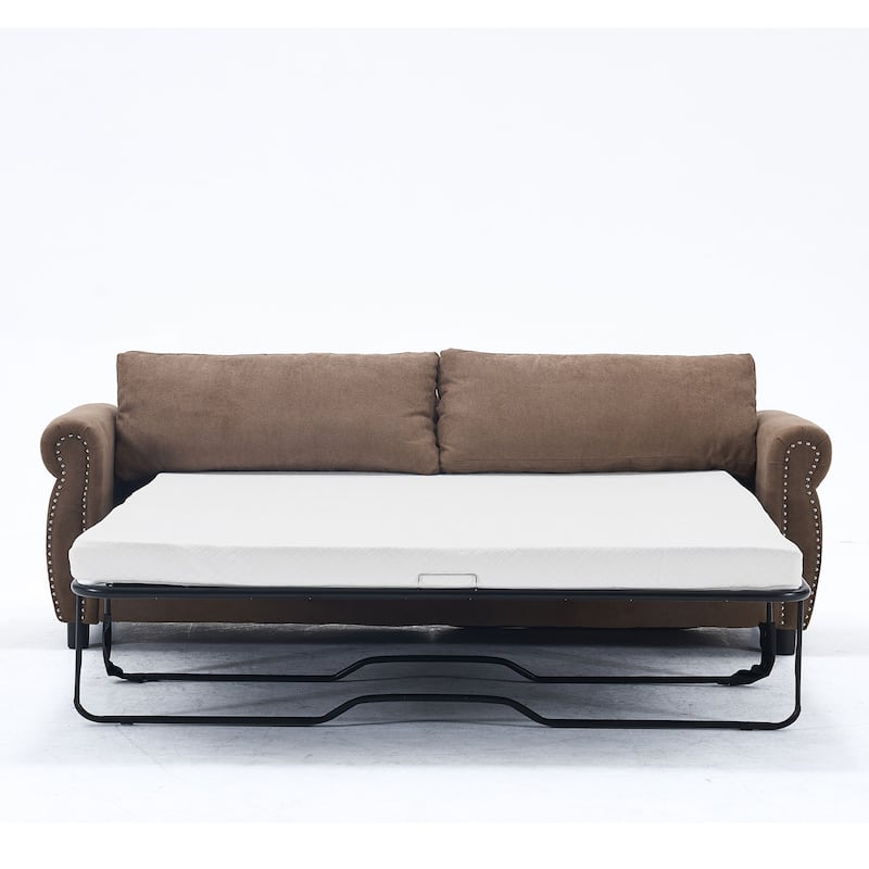 63" Polyester 3-Seater Sleeper Sofa with Pull-Out Mattress and Retro Rivet Armrests