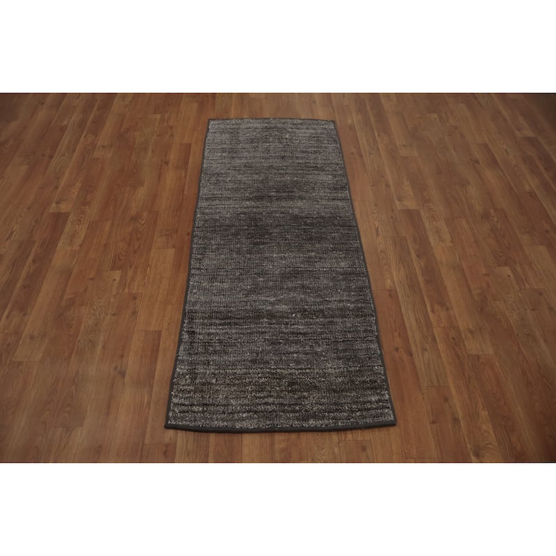 Hand Knotted Oriental 100% Wool Carpet Modern Solid Greys & Charcoal Gabbeh Runner Rug - 5' 0'' X 2' 0''