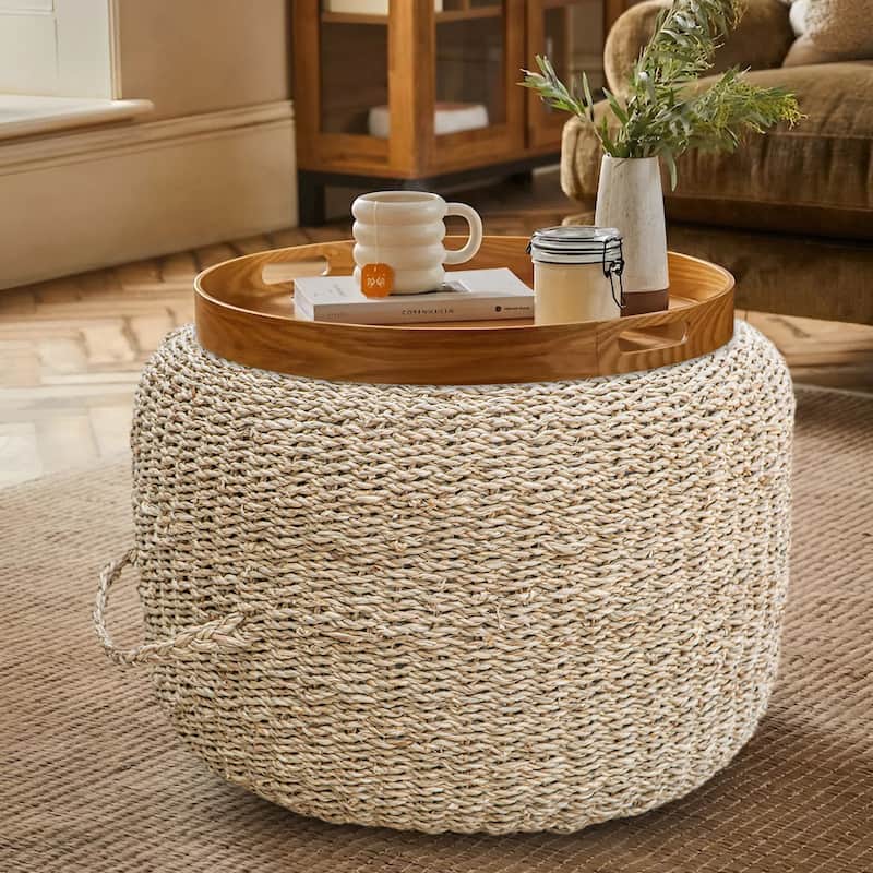Made4Home Cera Round Natural Woven Accent Ottoman Pouf