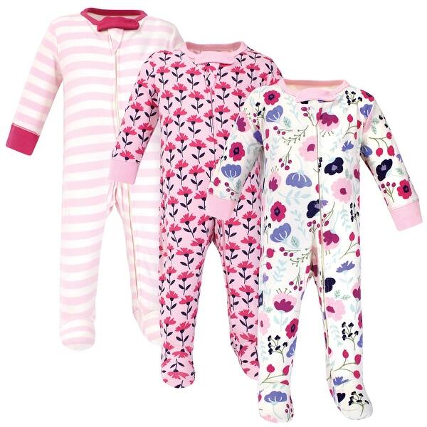 slide 1 of 1, Touched by Nature Baby Girl Organic Cotton Zipper Sleep and Play 3pk, Pink Botanical 0-3 Months - Pink Botanical