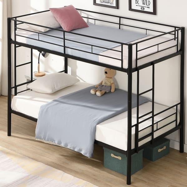 slide 2 of 15, Elegant Twin Over Twin Bunk Bed, Metal Structure Bedframe with Safety Guardrails, 2 ladders and Space Saving Design, Black