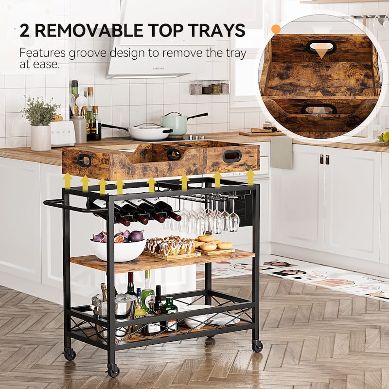 Bar Cart, 3 Tier Bar Carts for The Home,Grey Bar Cart with Wheels, Two Portable Trays, Wine Rack, Glasses Holder