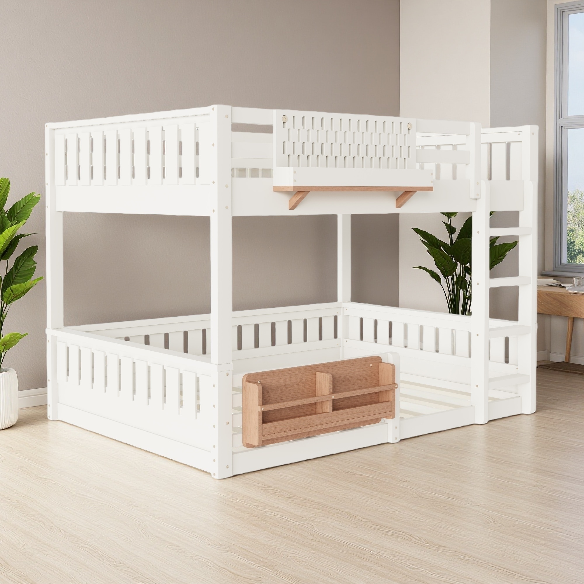 Queen over Queen Wood Bunk Bed with Pegboard, Bookshelf & Ladder