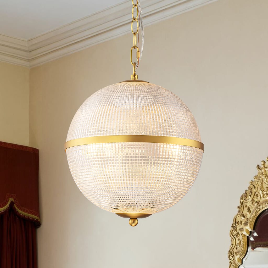 3-Light Mid-Century Modern Glam Gold Grid Glass Globe Chandelier Ceiling Light - 11.8 in. W x 13.39 in. H