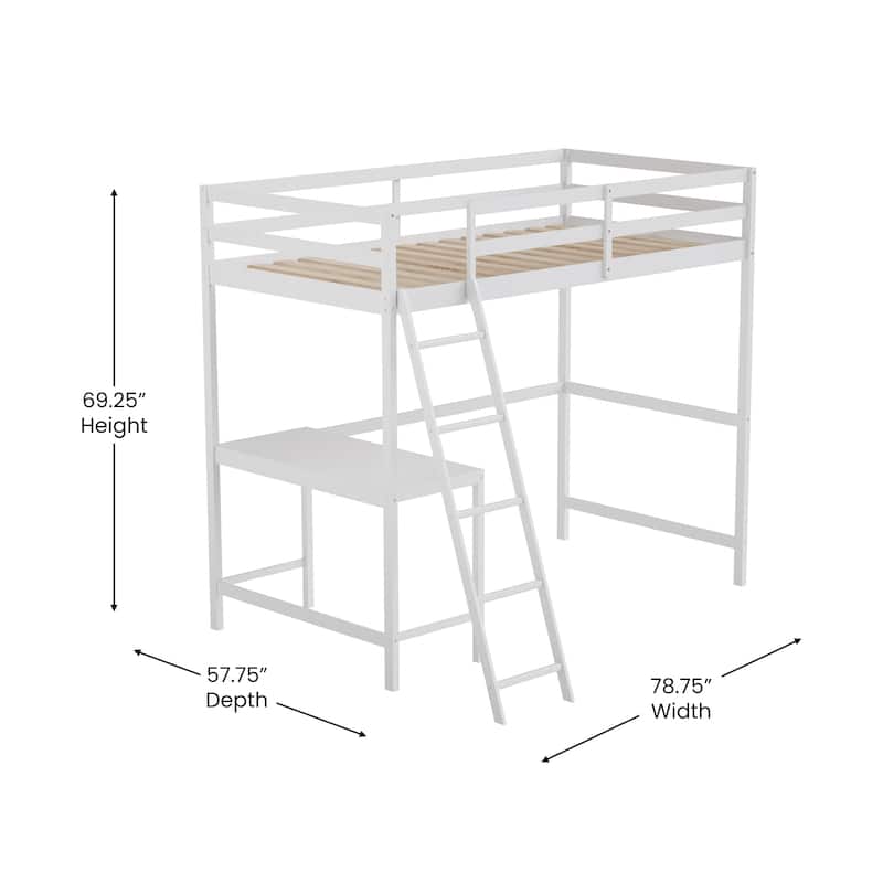 Traditional Wood Slat Loft Bed with Integrated Desk & Ladder