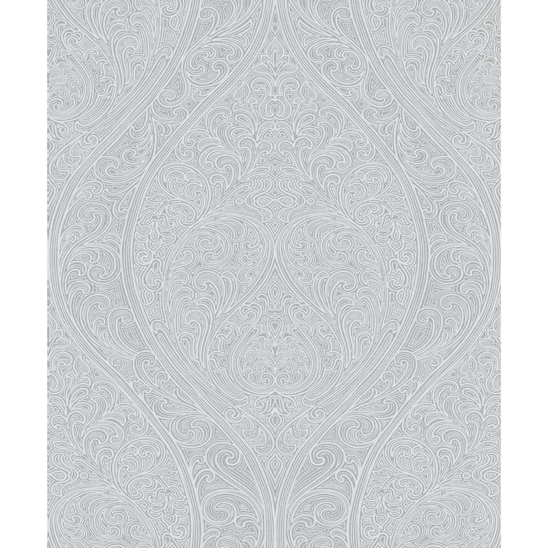 Galerie Wallcoverings Serene Collection Metallic Large Ogee Damask Vinyl on Non-woven Wallpaper Roll - 33 feet x 21 inches - Grey