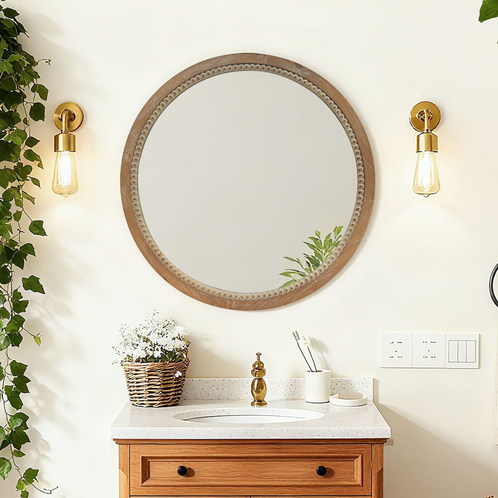 Round Distressed Wood Beaded Wall Mirror - Natural Wood
