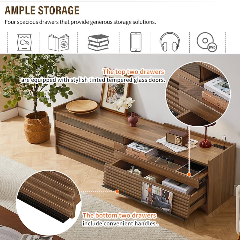 Roomfitters Modern TV Stand with 4 Drawers, Tempered Glass, Charging Ports and Ambient Lighting, Ample Storage