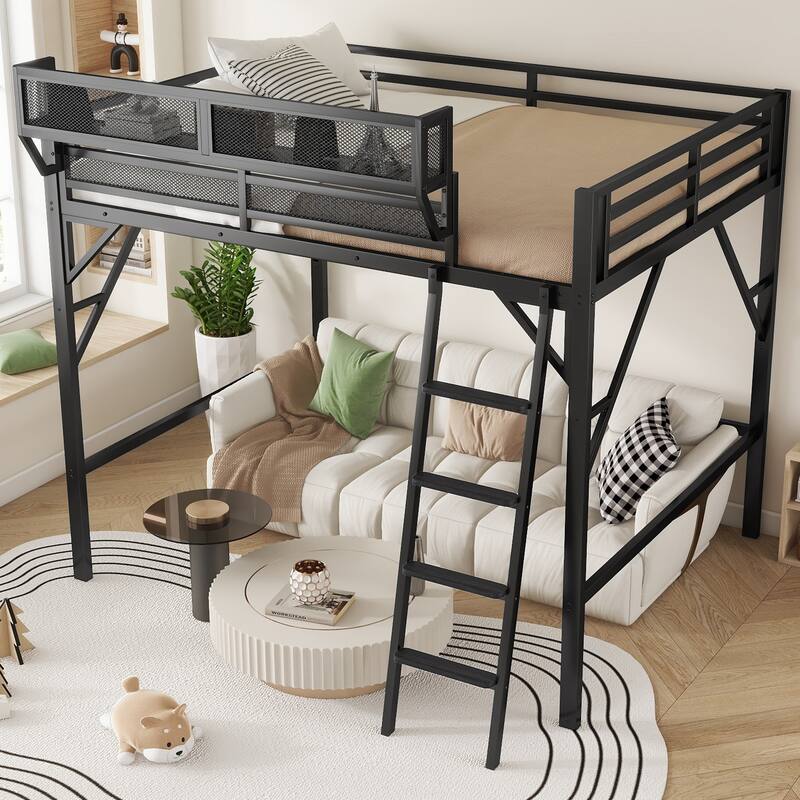 High Loft Bed Frame with Upper Side Storage Shelves, Black Metal Loft Bed with Ladder for Kids Teens - Black - Queen