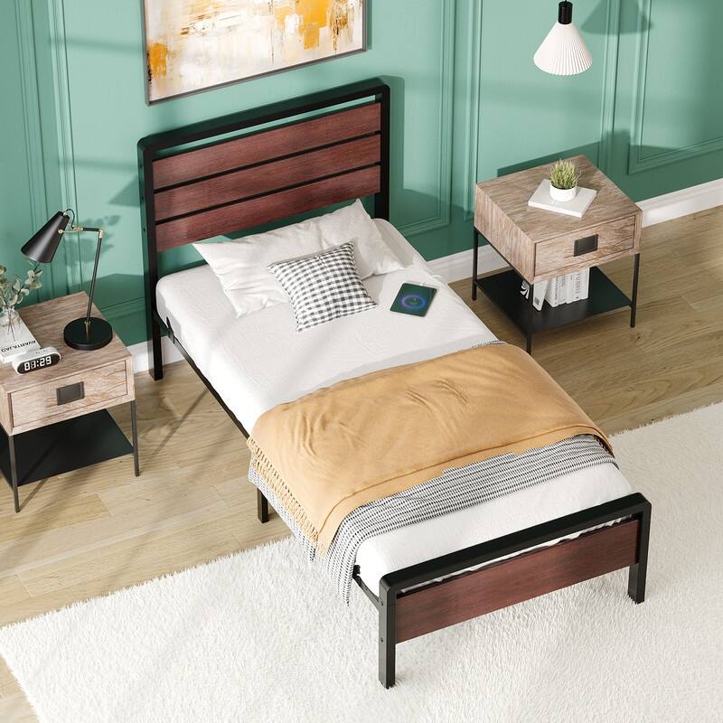 Bed Frame with LED Light and Charging Station, Metal Platform Bed with Wood Headboard