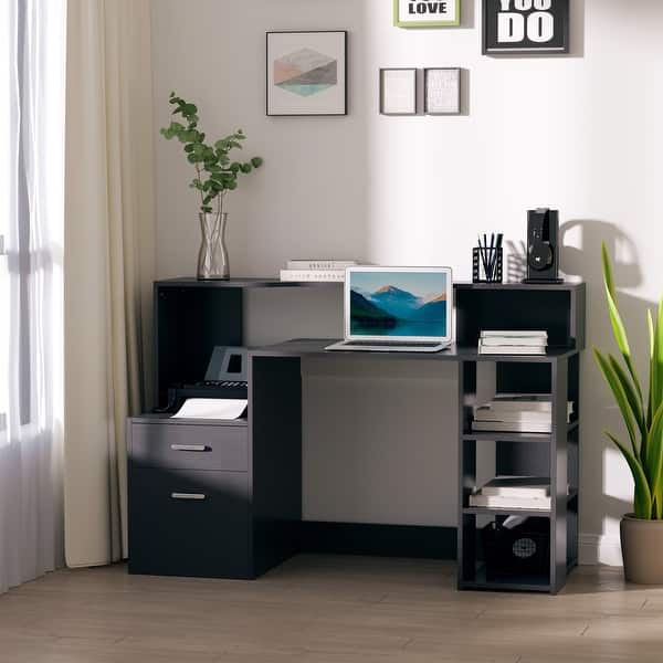 slide 2 of 7, HOMCOM 54" Multi-Level Computer Desk Modern Home Office Writing Workstation with 3 Storage Shelves & 2 Pull-Out Drawers, Black Black