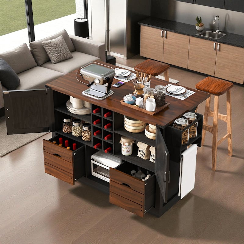 54" Farmhouse Kitchen Island with Drop Leaf, Power Outlet, Storage Cabinets, Drawers, and Rolling Wheels