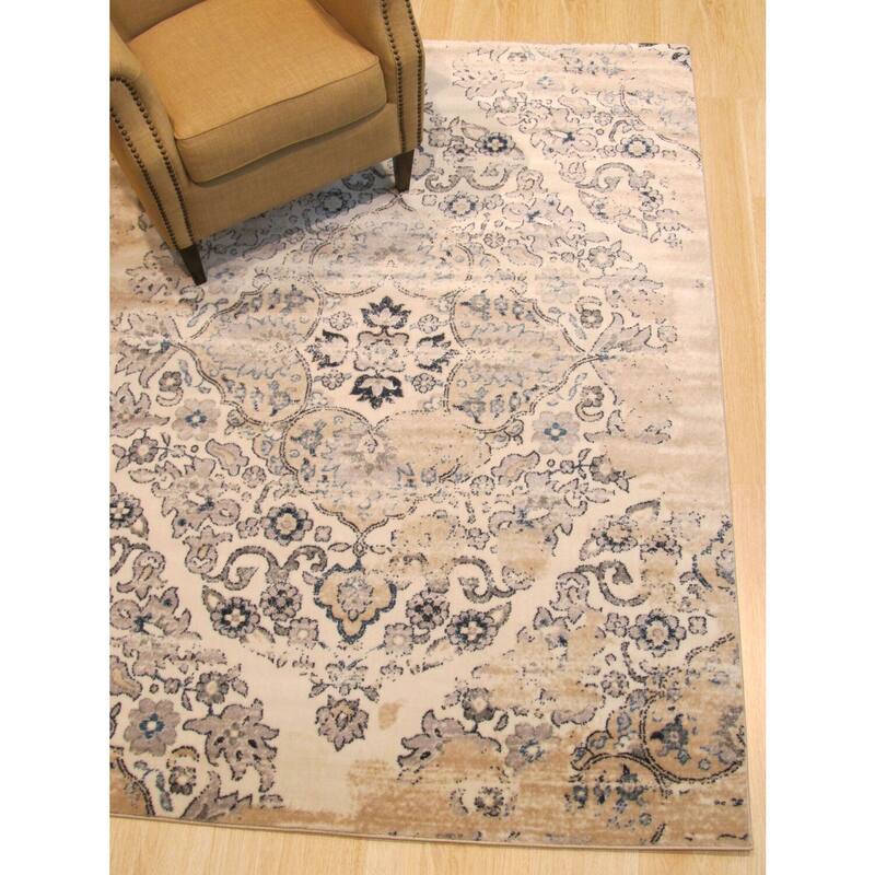 Traditional Distressed Polypropylene Rug, 4'3 x 5'10 Ivory, Subtle and Stylish Floor Accent - L
