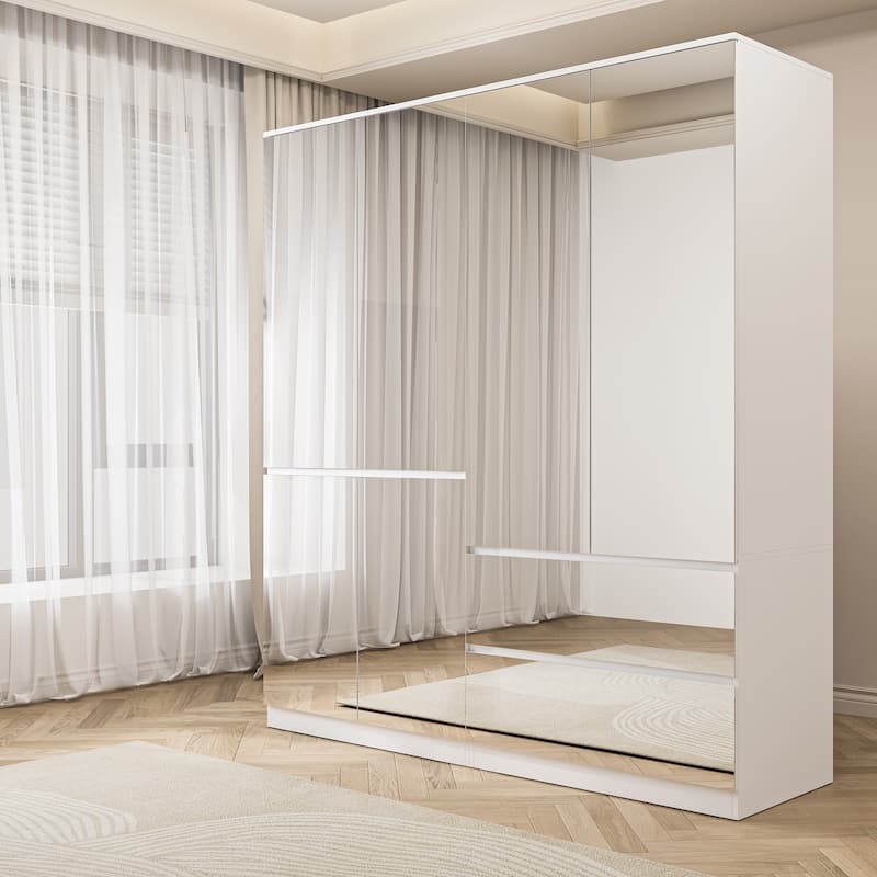 Modern Mirrored Wardrobe Armoire with Hanging Rod White Bedroom Storage Cabinet, Freestanding Closet Organizer