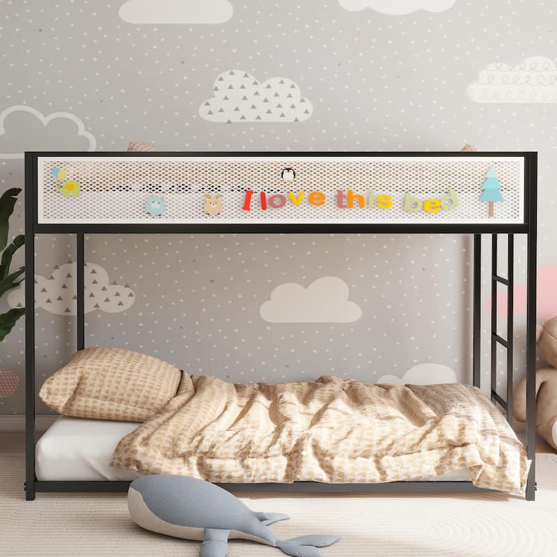 Low Profile Twin Over Twin Metal Bunk Bed with Safety Guard Rails and Exchangeable Ladder