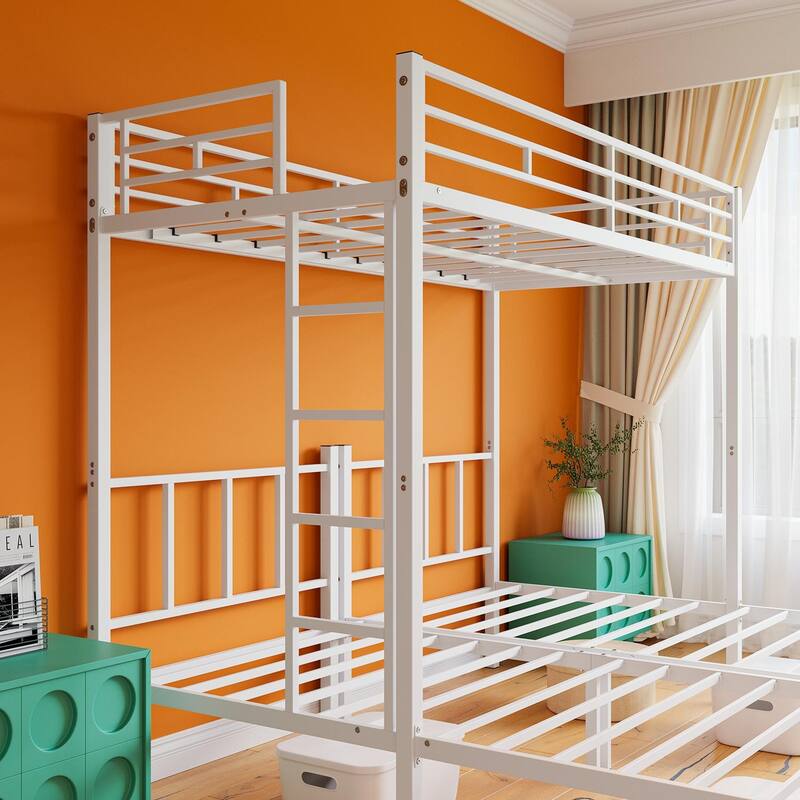 Twin Over Twin Over Twin Bunk Bed, Metal Triple Twin Bed with Safety Guardrails and Ladder, Convertible 3 Beds