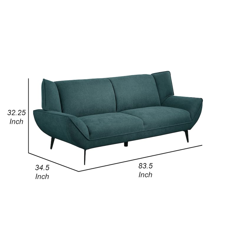 Toer 84 Inch Wide Sofa, Flared Arms, Soft Teal Blue Upholstery, Black Metal
