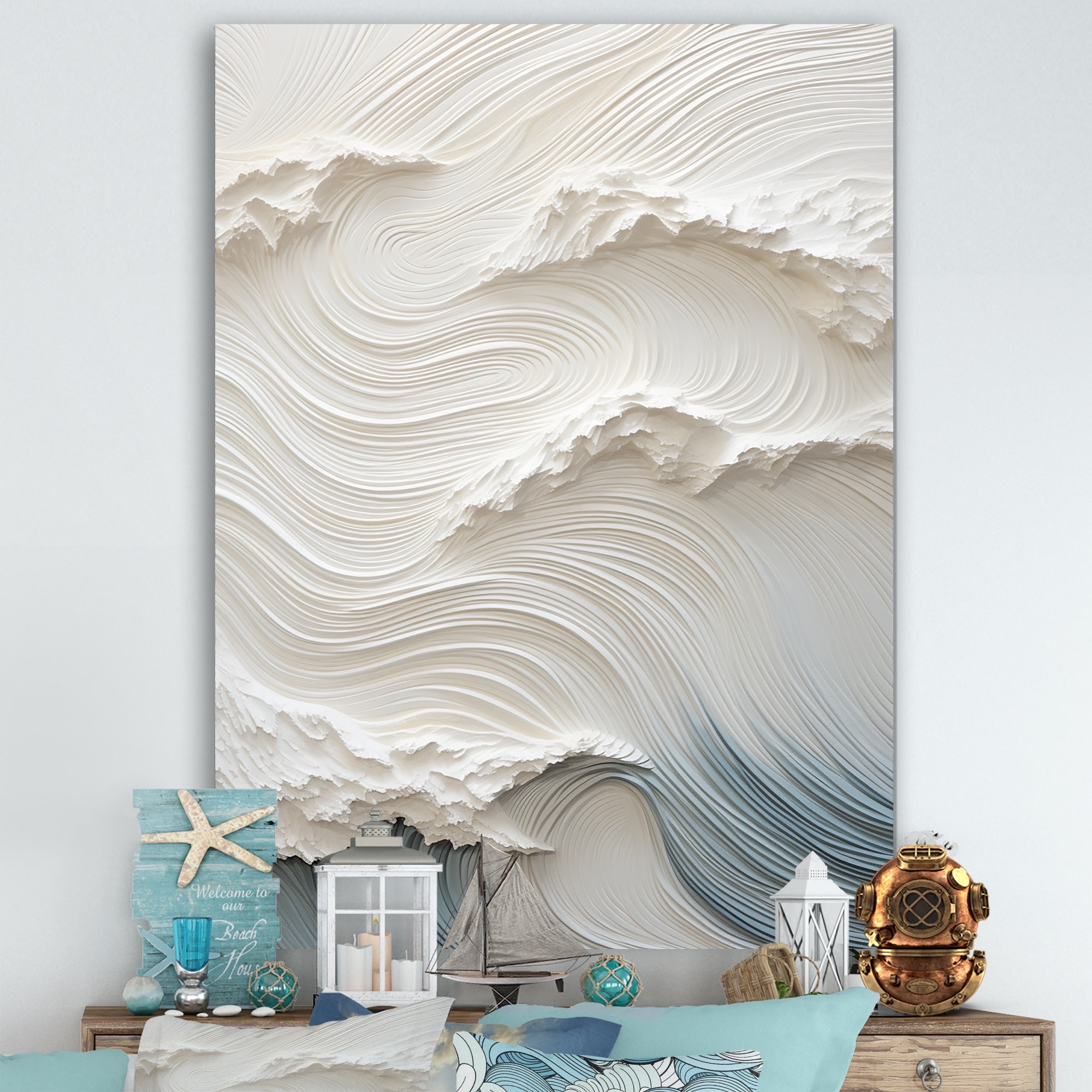 Designart "White And Blue Wave Papercut Style I" Coastal Waves Wall Art Print - For Home Decor